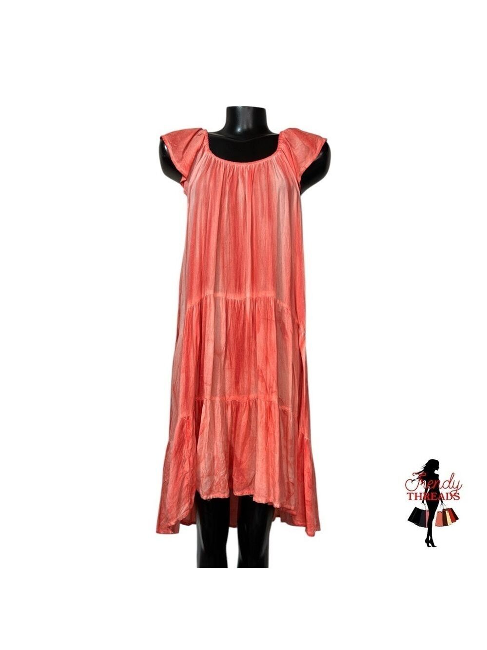 Raviya NEW Coral DipDye Tiered Midi Dress Small Lightweight Ruffle Summer Orange